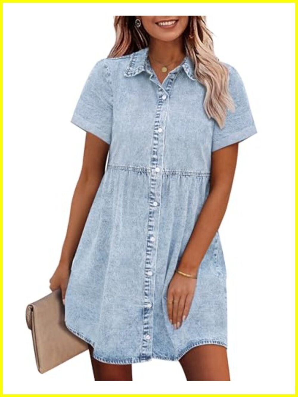 Women's Babydoll Denim Shirt Dress Tiered Short Sleeve Button Down Jean Swing